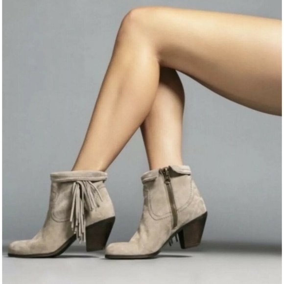 SAM EDELMAN LOUIE Boots Sz 9 Tan Suede Leather Fringe Ankle Booties Stacked Heel - Picture 3 of 11